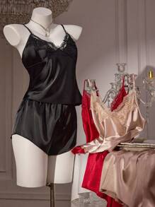 SilkySpell 3 件套女士缎面刺绣蕾丝 V 领吊带背心和短裤睡衣套装，多色组合 - 彩色 - 查看 5