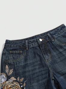ROMWE Avant Spring/Summer Vintage Streetwear Chinese Style Tiger & Floral Embroidered Loose Wide-Leg Low Waist Denim Shorts - Blue - View 4