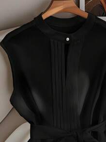 GlowEve Women's Sleeveless Solid Color Shirt With Belt, Minimalist And Fashionable, Suitable For Summer - Black - View 5