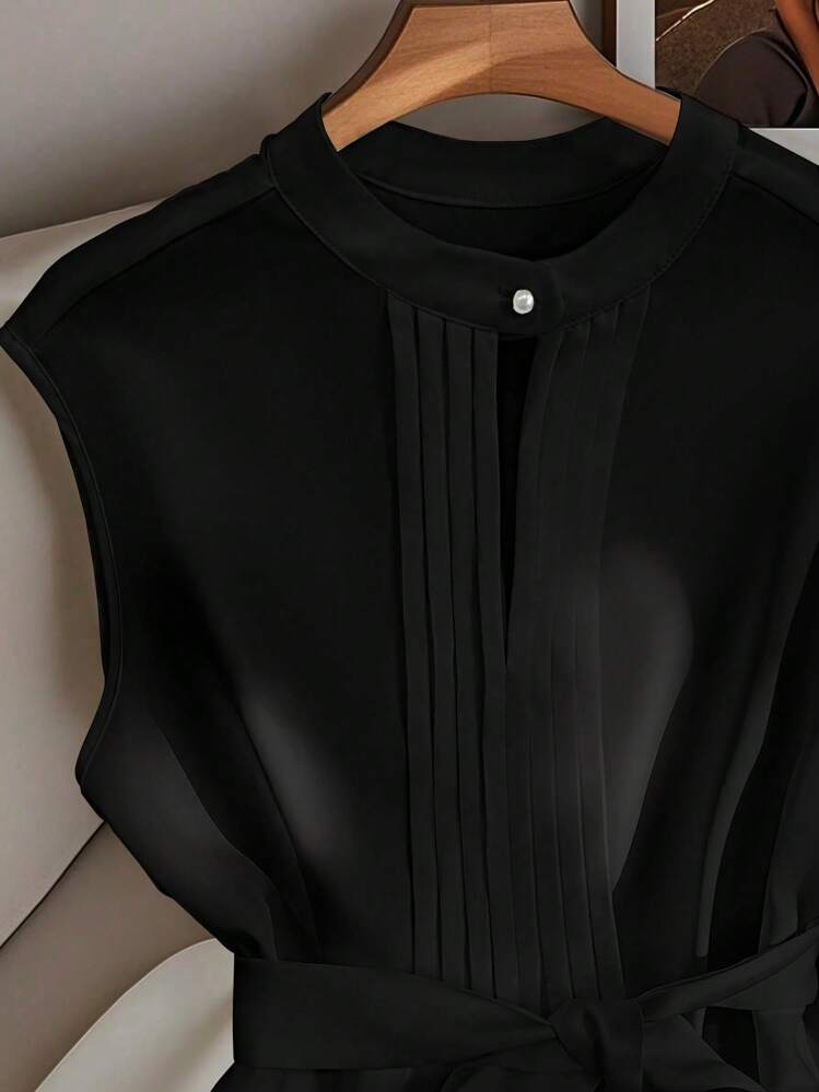 GlowEve Women's Sleeveless Solid Color Shirt With Belt, Minimalist And Fashionable, Suitable For Summer - Black - View 5
