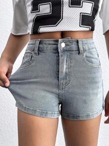 Shorts di jeans di da ragazza, stile boho vintage lavato, in denim azzurro chiaro ad alta elasticità, adatto per abbigliamento da ragazza, costumi e abiti di uso quotidiano primavera estate, outfit casual e da vacanza per ragazze