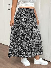 SHEIN Frenchy Plus Size Tropical Split Floral Printed Women's Skirt - Black - View 3