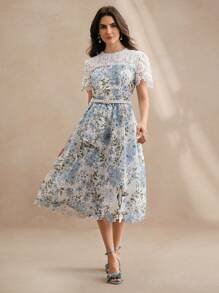 Anewsta Women's Floral Embroidery Hollow-Out Colorblock Round Neck Elegant Modern Date Dress, Spring/Summer - Baby Blue - View 4