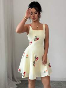 SHEIN Raffinéa Vestido de verano de mujer con cuello cuadrado elegante y minimalista, con manga abullonada y bordado - Amarillo - Ver 5