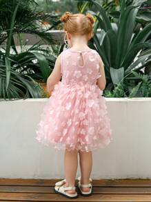 Young GirlPink 3D Floral Print Mesh Party Dress - Pink - View 2