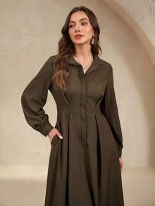 EMERY ROSE Elegant Commute Solid Color Lantern Sleeve Dress, Autumn Maxi Women Outfit - Coffee Brown - View 6
