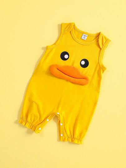 SHEIN Playful Pals Mono casual amarilla de primavera/verano para bebé niño con linda impresión de pato divertido