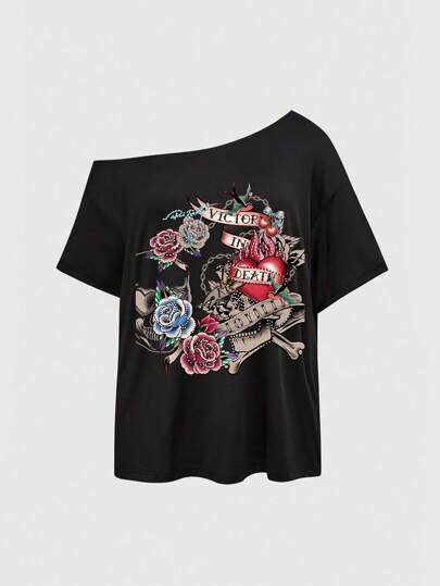 Grunge Punk Punk Sexy Asymmetrical Shoulder Black Skull Flag & Rose Graphic Vintage Plus Size Summer Tee, Plus Size