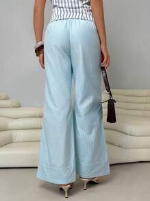 Roylia Women's Striped Linen Loose Drawstring Waist Wide Leg Pants, Casual Home, Daily, Holiday Fall Cloth For Women - Baby Blue - View 2