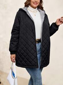 SHEIN Clasi Plus Size Casual Solid Color Diamond Quilted Padded Hooded Jacket For Winter - Black - View 4