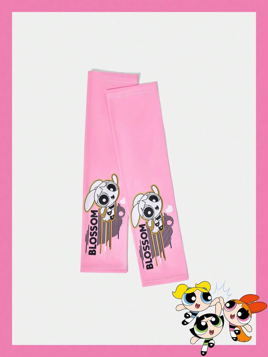 THE POWERPUFF GIRLS X SHEIN 1 对女士粉色花朵图案袖套,时尚夏季 - 粉色 - 查看 1
