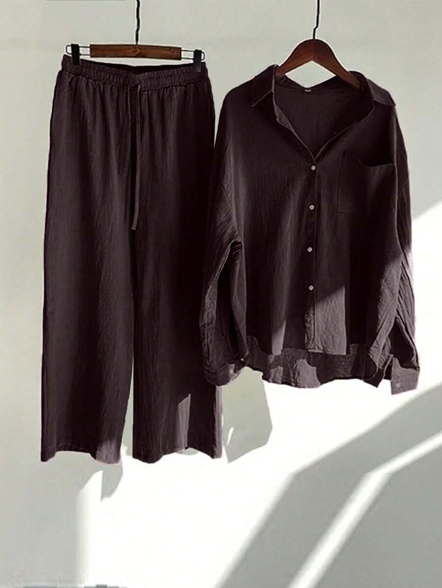 Bộ quần ống rộng lưng cao, màu trơn, hở vai, dáng rộng cỡ lớn dành cho nữ, mùa xuân/thu - màu nâu - Xem 1