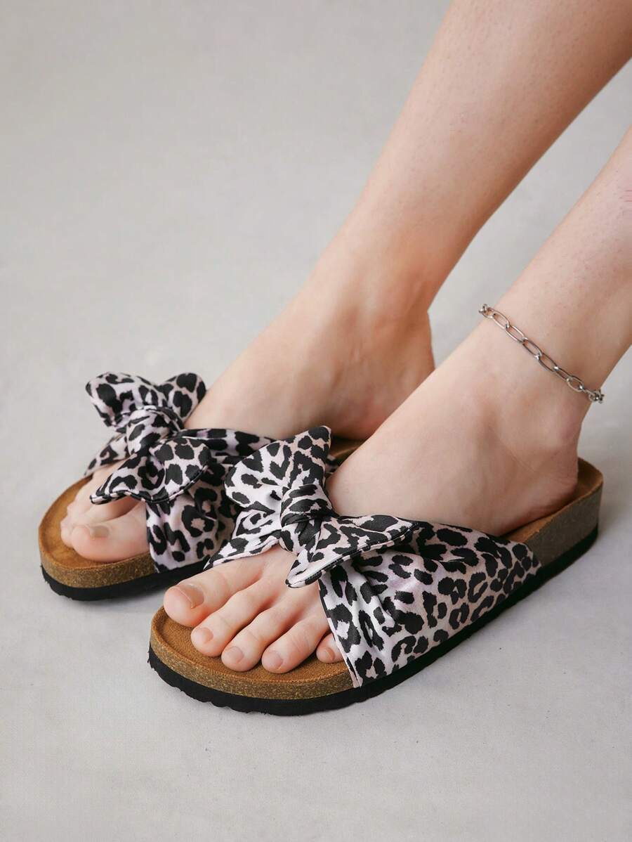 Solecia Leopard Print Open Toe Thick Sole Flat Mule Sandals, Minimalist Fashion Satin Leopard Pattern Thick Sole Sandals, Casual Slip-On Slippers - Multicolor - View 1