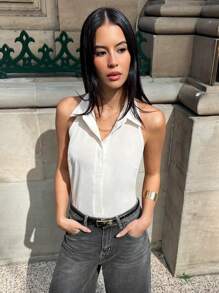 SHEIN EZwear Top de camisa de unicolor sexy sin espalda con lazo y halter para verano - Blanco - Ver 6