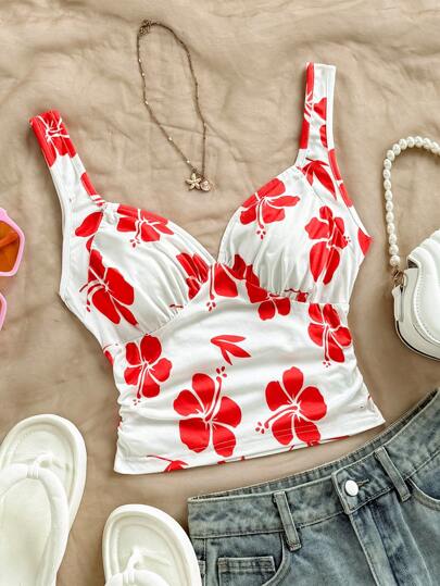 Soleia Bohemian  ,Boho, Romantic Floral ,Vacation, Floral  1pc Women's Vacation Style Knitted Stretch White Floral Pleated Chest Tank Top Hibiscus Top Floral Tube Top Red And White Top Floral Bikini Top Summer Top