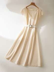 SHEIN Frenchy Plus Size Women Casual Solid V-Neck Batwing Sleeve Buckle Belted Dress, Summer - Beige - View 3