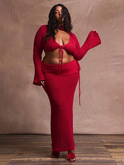 SHEIN X Phaith Montoya MUSERA Mid Rise Asymmetric Foldover Hem Tie Side Crochet Maxi Skirt Summer Vacation Holiday Swim Beach Sexy Romantic Elegant