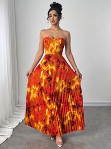Elenzga Vestido estampado de mujer con pliegues que ciñen la cintura tipo top bandeau - Naranja - Ver 5