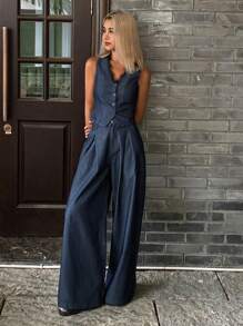 Livesso Ensemble décontracté en deux pièces pour femmes, composé d'un débardeur à col en V et dentelle patchwork chic, et d'un pantalon large, avec accessoire de ceinture