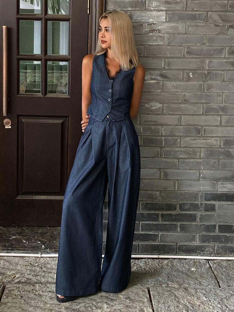 Women's Summer Lace Patchwork Chic V-Neck Sleeveless Vest And Wide Leg Pants 2 Pieces Casual Denim Set, With Tie Accessory