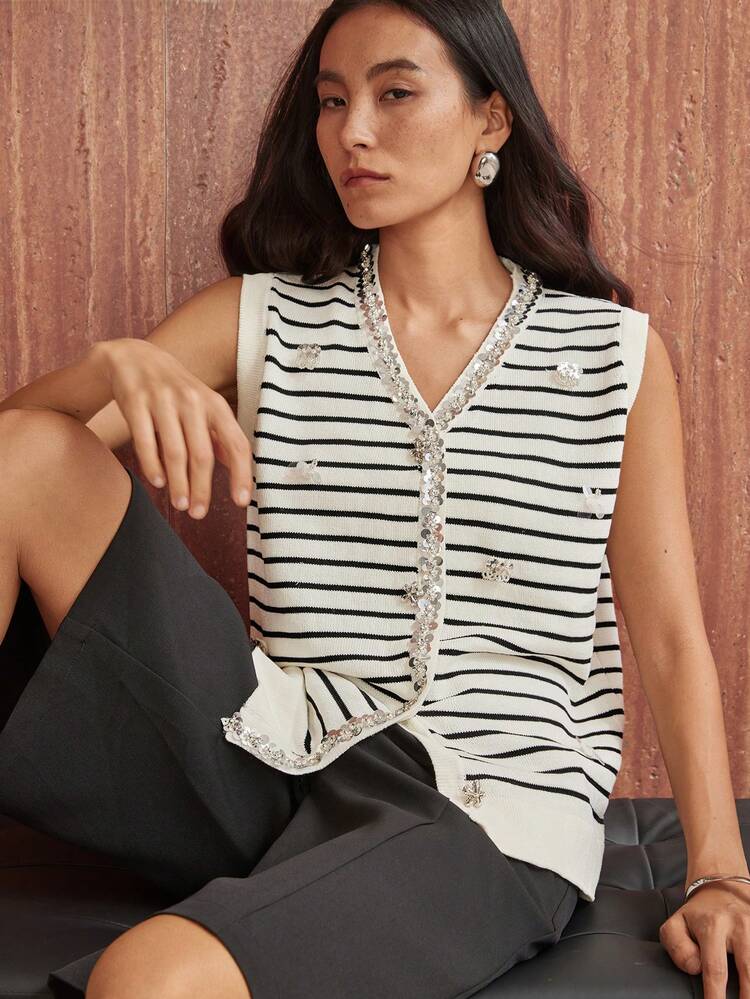 Women's Striped Contrast Color Sequin Floral Beaded Knit Cardigan, Summer Party Wear