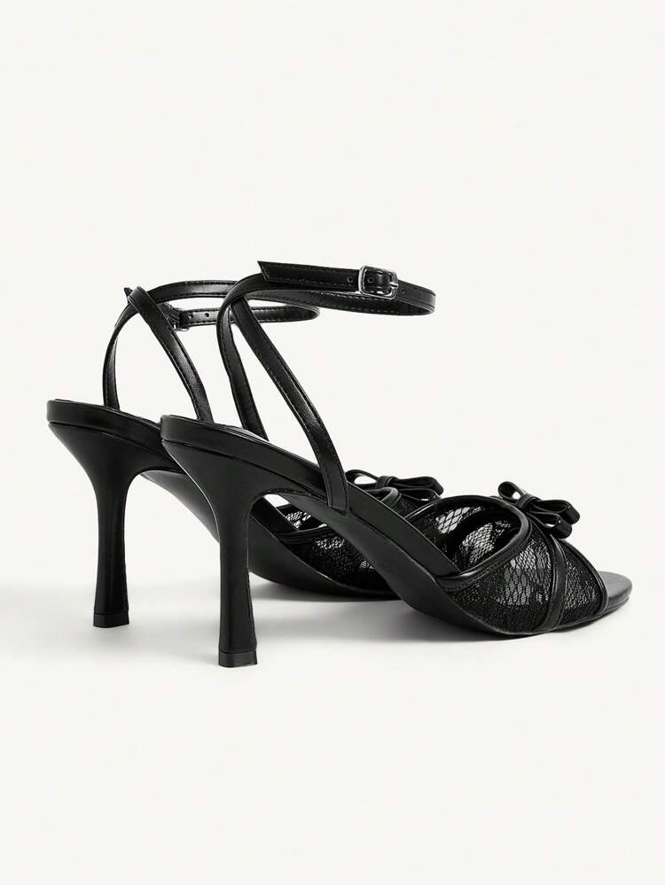 CUCCOO CHICEST Women's Elegant Sexy Black Mesh Lace-Up Bow Embroidery Pointed Toe High Heel Sandals, Suitable For Formal Dress, Afternoon Tea, Date, Fashion Party, Gala, Vacation For Christmas Elegant Shoes Wedding Shoes Summer Shoes Bride Shoes