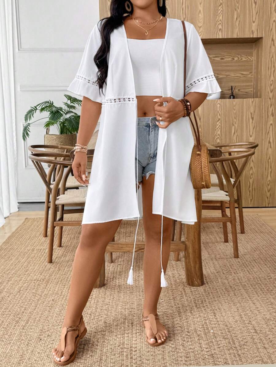 EMERY ROSE Plus Size Women Solid Bell Sleeve Long Lightweight Vacation Tassel Jacket - White - View 1
