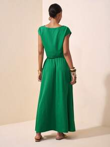 Zivah 2025新款夏季休闲度假优雅日常约会沙滩装生日派对圆领插肩袖短袖剪裁T恤+百褶裙长裙绿色波浪条纹梭织女士两件套绿色两件套绿色短款上衣和裙子套装