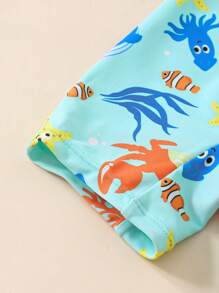 SHEIN Leap Crew 男宝宝/女宝宝蓝色螃蟹和海洋生物针织软领连体泳衣适合海滩度假游泳，夏季