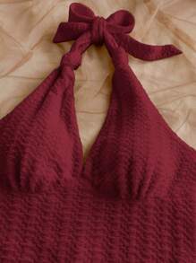 Dreamara Plus Size Women Vacation White Knitted Crinkle Texture Deep V Halter Tied Waist Fitted Jumpsuit, Suitable For Party, Valentine's Day, Date, Layering - Burgundy - View 6