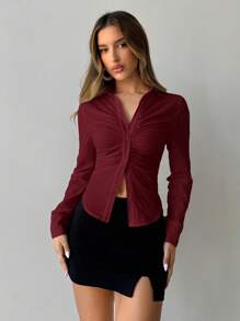 Aloruh 女士办公室通勤日常尖下摆褶饰胸围立领单排扣前开式修身长袖衬衫 - 酒紅色 - 查看 6