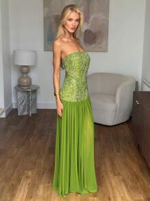 SHEIN BAE Spring/Summer Solid Green Embellished Jewel Floral Sequin Mesh Maxi Beach Holiday Dress, Summer Dress, Beach Dress, Elegant Dress Party Dresses For Women
