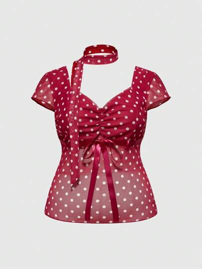 ROMWE Avant ملابس علوية كاجوال فضفاضة للنساء ذوات الأحجام الكبيرة، طراز سيسيلي مع نقشة نقاط البولكا وربطة عنق من الشريط والرقعات
