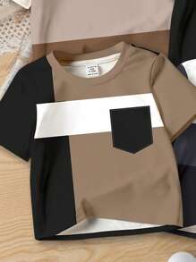 SHEIN 4pcs Young Boys' Casual Chic Colorblock Patchwork Pattern Short Sleeve T-Shirts, Comfortable, Suitable For Spring/Summer