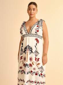CAJUNI Boho Tropical Floral Retro Print Deep V-Neck Sleeveless Tie Front Casual Vacation Beach Maxi Dress For Plus Size Women - Multicolor - View 2