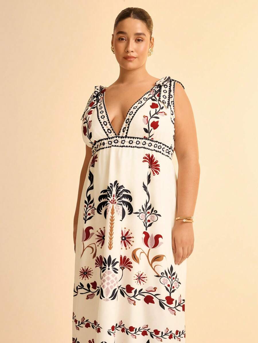 CAJUNI Boho Tropical Floral Retro Print Deep V-Neck Sleeveless Tie Front Casual Vacation Beach Maxi Dress For Plus Size Women