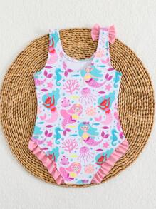 Young Girl Mermaid Printed One Piece Swimsuit With Bow Detail Mermaid Swimsuit Girls Girls Mermaid Swimsuit Girls One Piece Swimsuit Toddler Girl Swimsuit Kids Bathing Suit - Dusty Pink - View 2