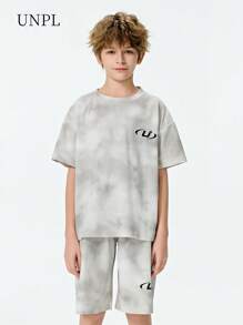 SHEIN 青少年男孩字母印花圆领短袖 T 恤和短裤休闲装 - 白色 - 查看 2