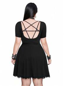 Whyspr Casual Punk Large Size Spring And Summer Dark Sexy Slim Fit Casual Versatile Bold Avant-Garde Round Neck Back Leak Back Star Cross Tie High Waist Slimming Lace Patchwork Hem Daily Dress Suitable For Independence Day Holiday Clothing