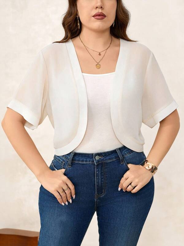 Chikora Plus Size Summer Casual Solid Color Short Sleeve Cropped Jacket