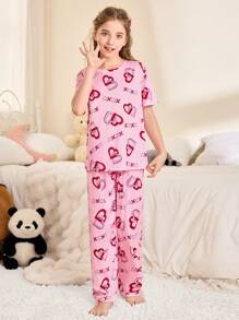 SHEIN 少女心印花圆领短袖上衣和长裤睡衣套装 - 粉色 - 查看 3