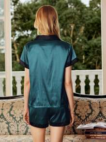 SHEIN EverLounge Conjunto de pijama de manga corta y pantalón corto para mujer, ropa de estar en casa, vacaciones
