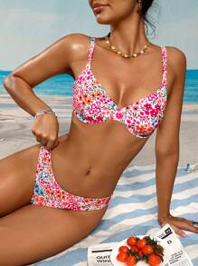 SHEIN Swim 女士花卉印花性感比基尼两件套泳衣套装，夏季海滩 - 彩色 - 查看 4