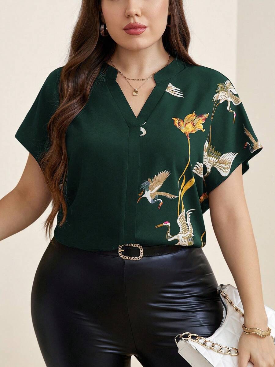 Chikora Plus Size Women Fall Women Crane Print Batwing Short Sleeve Casual Blouse - Dark Green - View 1