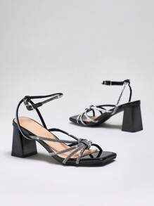 SHUZIA Women Comfy Fashion Rhinestoned Dressy Square Toe Block Heeled Sandals