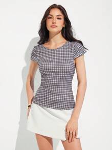 Roylia Women Simple Round Neck Plaid Cutout Back Fitted Short Sleeve T-Shirt - Multicolor - View 2