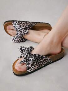 Solecia Leopard Print Open Toe Thick Sole Flat Mule Sandals, Minimalist Fashion Satin Leopard Pattern Thick Sole Sandals, Casual Slip-On Slippers - Multicolor - View 7