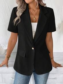 SHEIN LUNE Blazer estilo INS para mujer, primavera y verano, ropa de trabajo y casual en otoño/invierno, casual - Negro - Ver 3