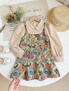 SHEIN LMoss Kids LMoss Young Girl Vintage Floral 2 In 1 Kemeja Lengan Panjang & Gaun Musim Gugur Musim Dingin - Hijau - View 6