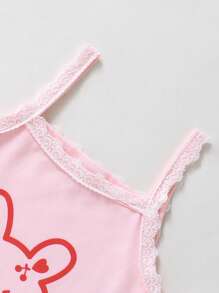 4pcs/Pack Girls Strawberry,Rabbit,Cherry Print Knitted Camisole Tops,Pink,Summer,Family Matching Lace Trim Detail,Daily Wear,Vacation,Party Tops - Multicolor - View 6